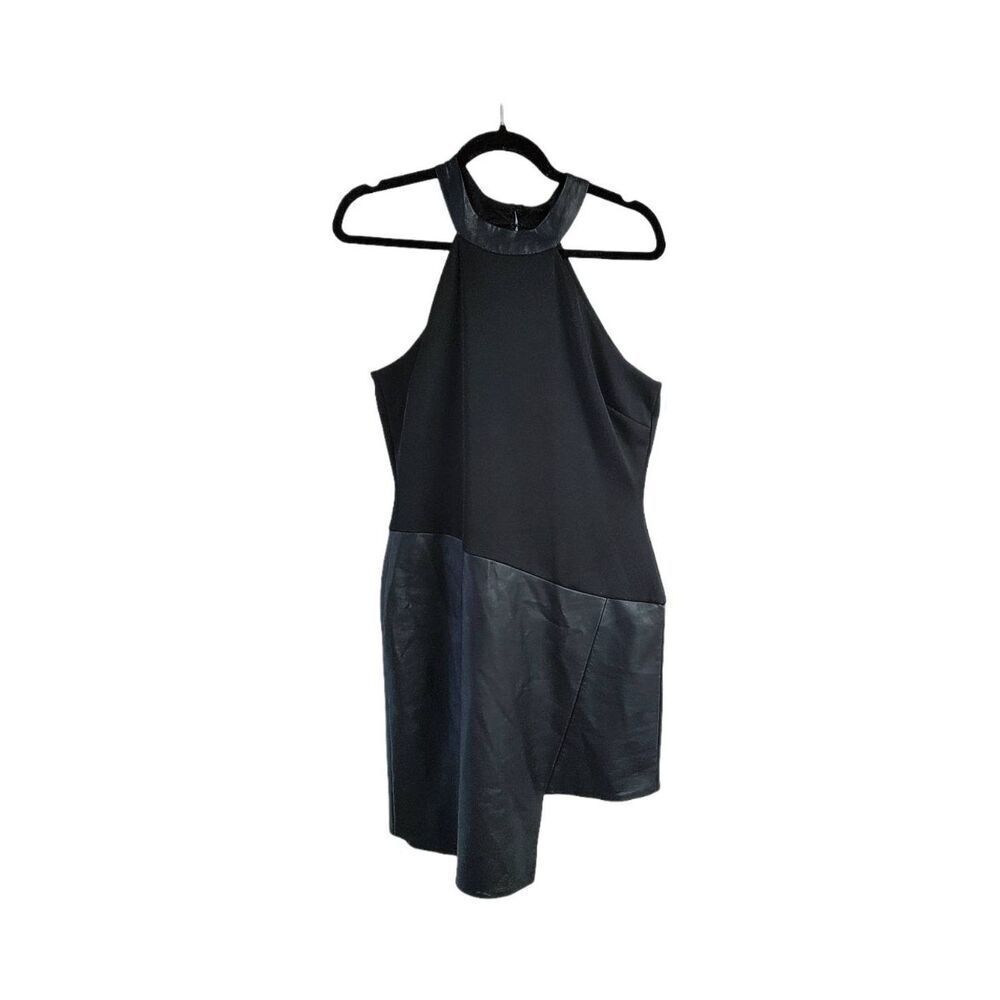 NWOT~VENUS Black Faux Leather & Knit Halter Assymetrical Hem Dress Sz 10